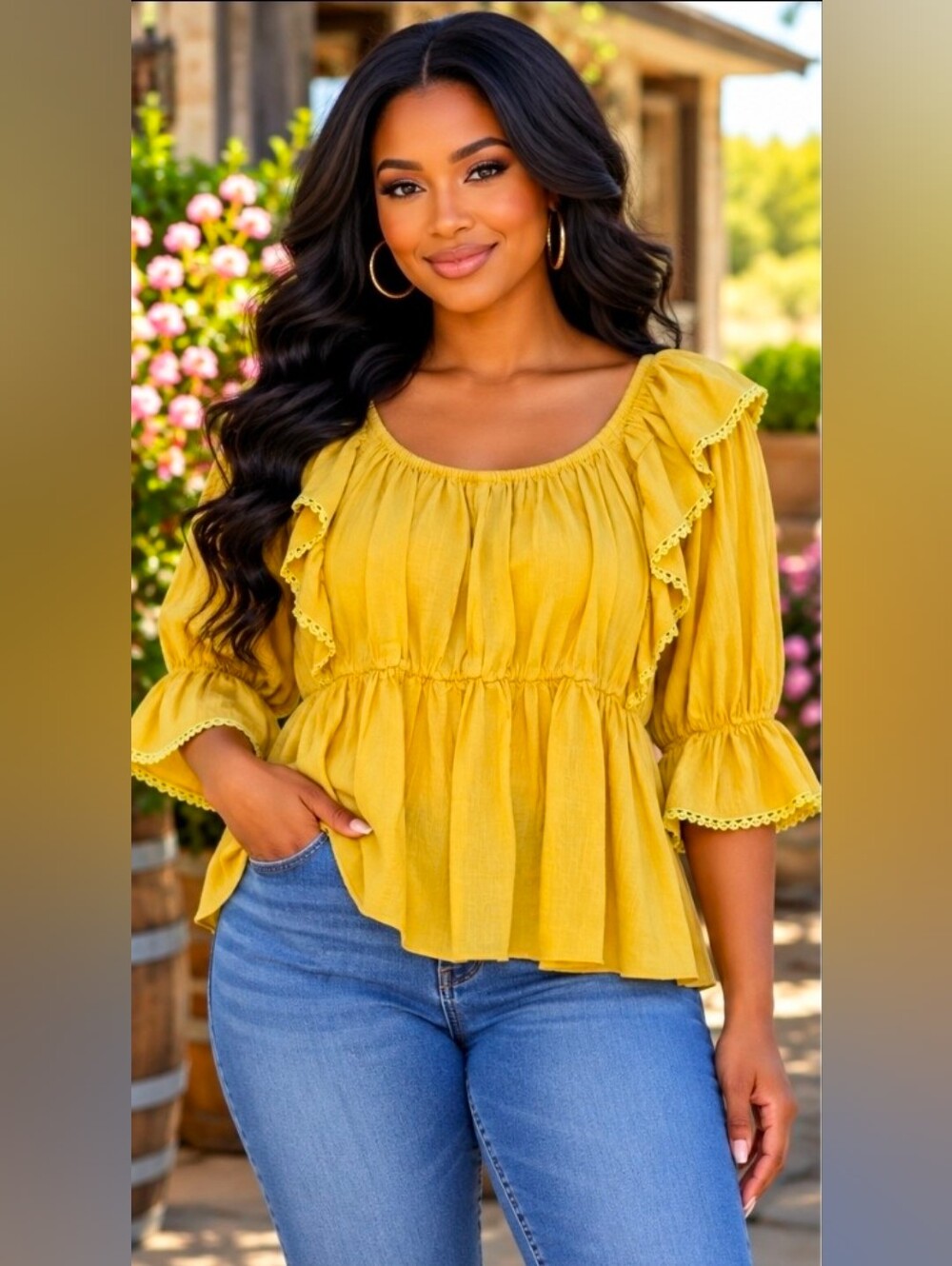 NEW!! Umgee Yellow Ruffle Sleeve Peplum  Peasant Blouse, NWT
